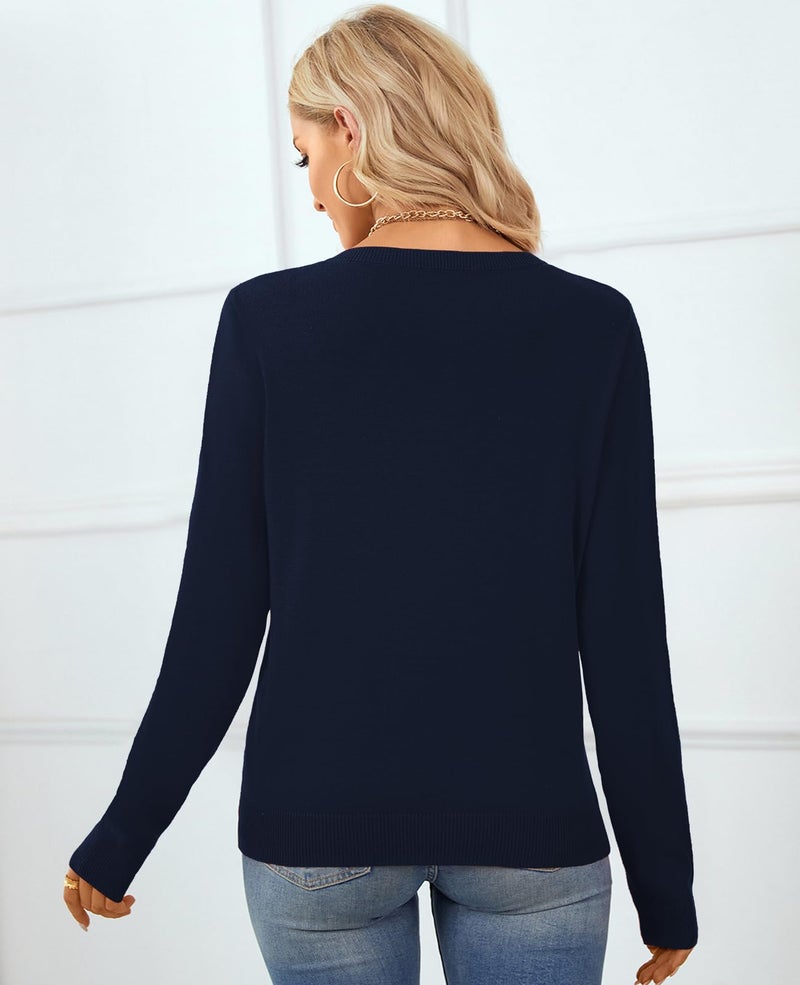 QUALFORT Sweaters for Women Crewneck Sweater 100% Cotton Soft Knit Pullover Tops Navy Medium - Image 2